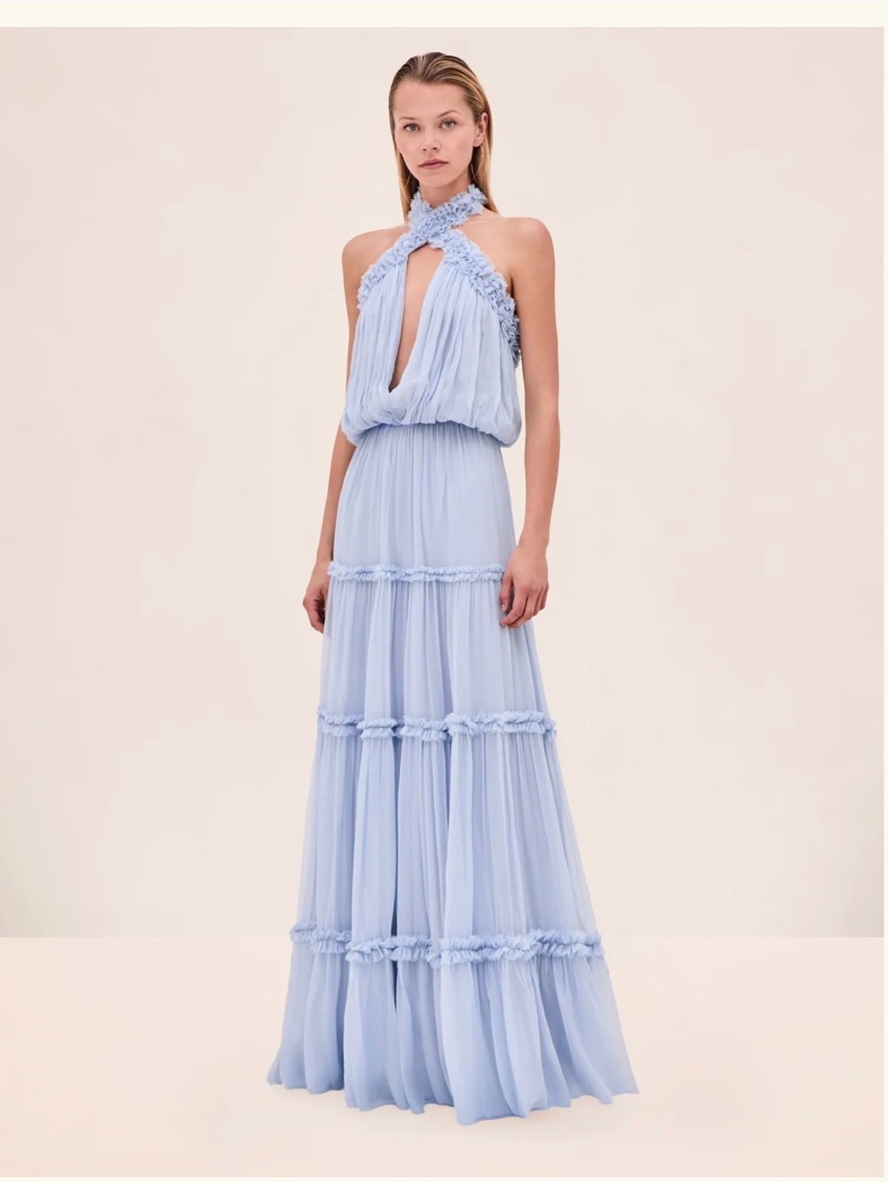 Alexis Pale Blue Halter-Tie Tiered Maxi Dress